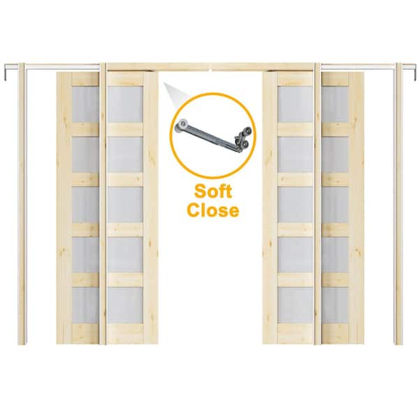64 in. x 80 in. 5-Lite Frosted Glass Unfinished Solid Core Pine Wood Pocket Sliding Door with Hardware and Soft Close