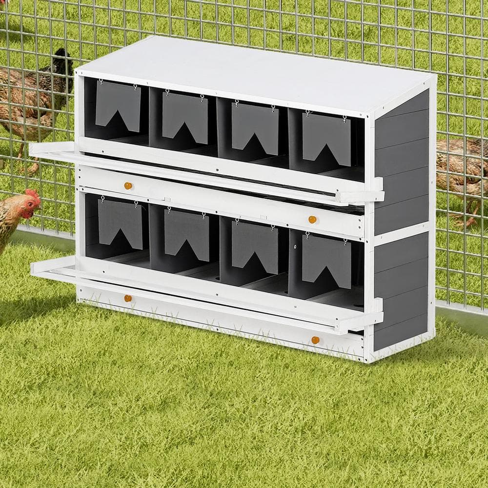 White and Gray Wooden Chicken Nesting Box with PVC Roof, 8 Compartments