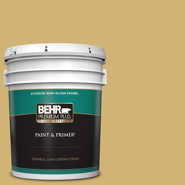 BEHR PREMIUM PLUS 5 gal. #M320-5 Dried Chamomile Semi-Gloss Enamel Exterior Paint & Primer