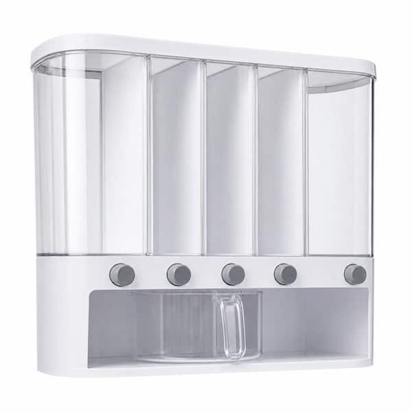 1-Piece Rectangular Wall mounted 5 Grid Dry Food Dispenser with Measuring Cup, 22 lb. Maximum capacity