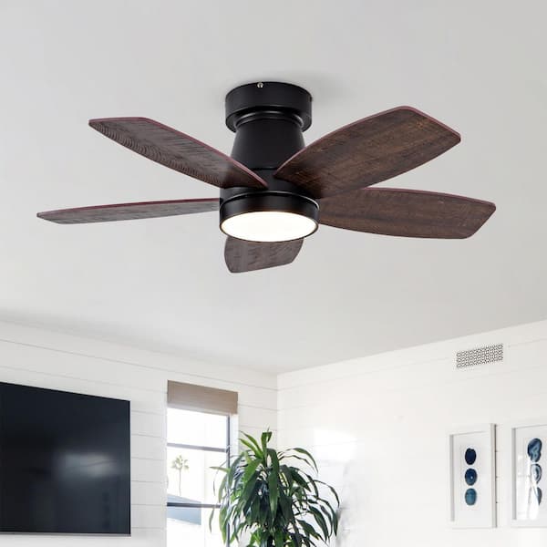 32 in. Black 3-Solid Wood Blades Flush Mount Standard Ceiling Fan with Dimmable LED Light and Remote Control Included