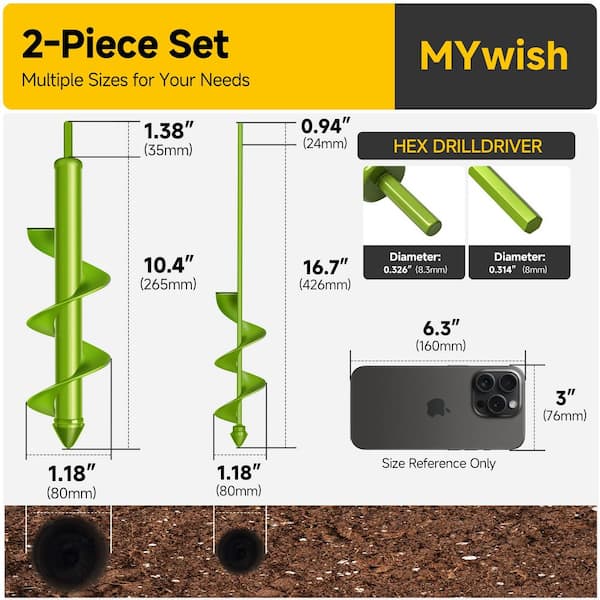Long Reach High-Carbon Steel Garden Auger Drill Bit Set (2-Piece) for Planting with 3/8 in. Hex Shank in Green