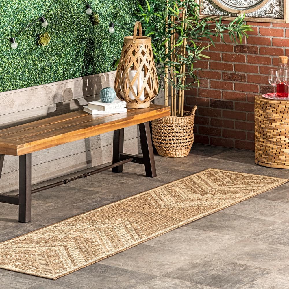 Beige Aztec Pattern Indoor Outdoor Runner Rug
