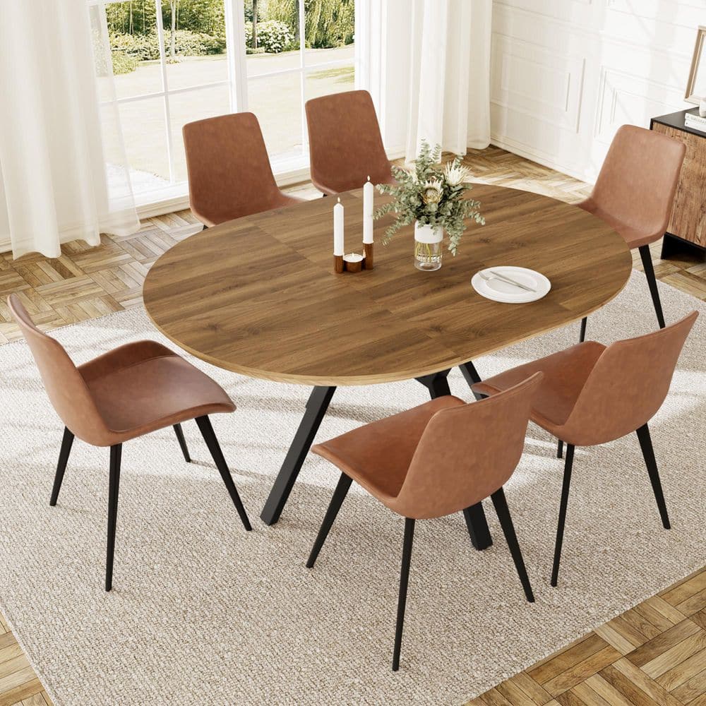 GOJANE 7-Pieces Round Walnut MDF Top Extendable Ining Table Set