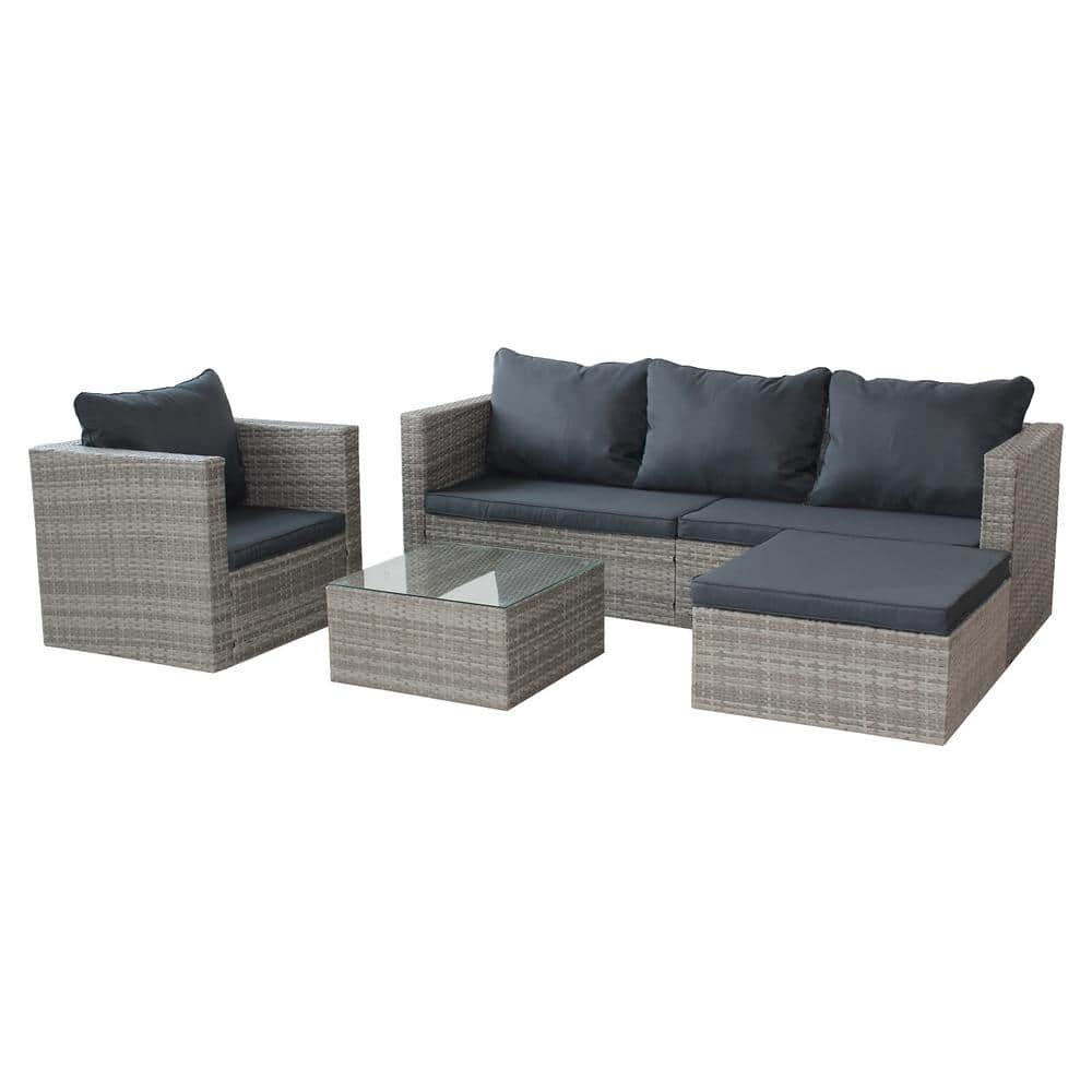 4-Piece Wicker Outdoor Sofa Sectional Set with Gray Seat Cushions and Back 