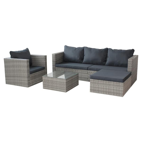 4-Piece Wicker Outdoor Sofa Sectional Set with Gray Seat Cushions and ...