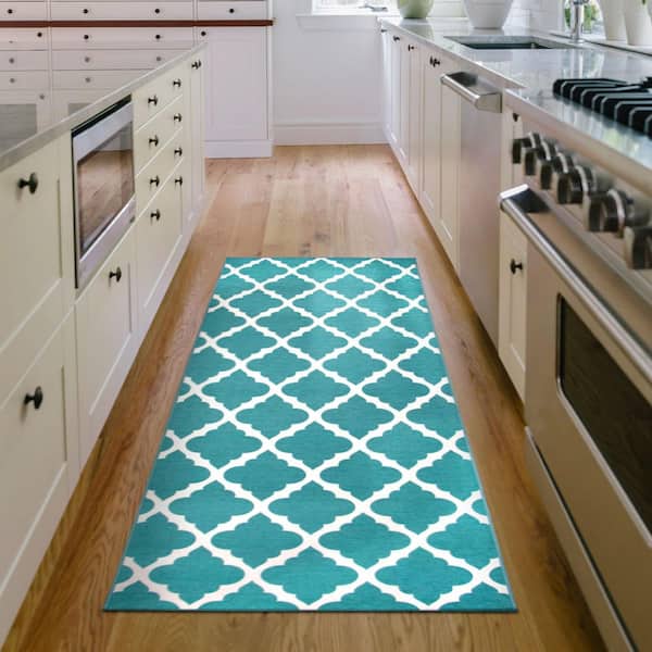 Moroccan Trellis Teal 2.5 ft. x 7 ft. Machine Washable Runner Rug
