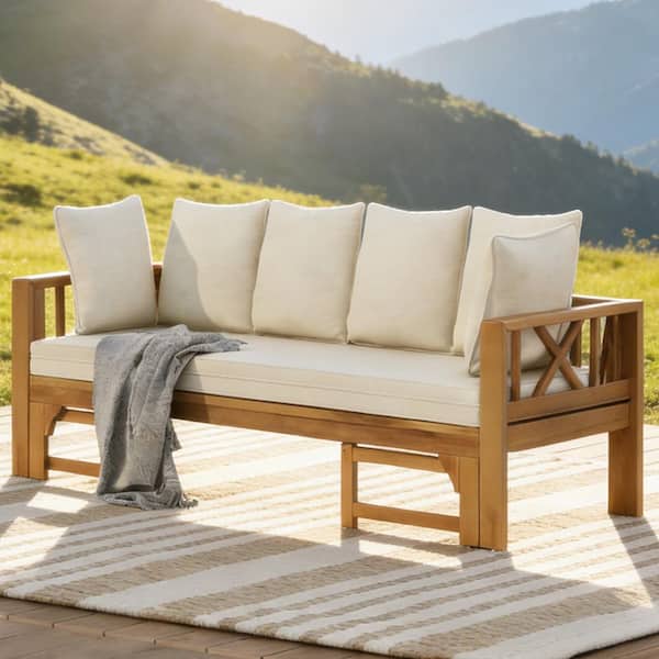 1-Piece Wood Outdoor Couch with Beige Cushions