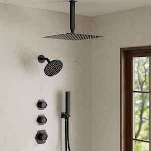 Thermostatic Valve 5-Spray 12 and 6 in. Shower Faucet with 2-Function Handheld Shower in Matte Black