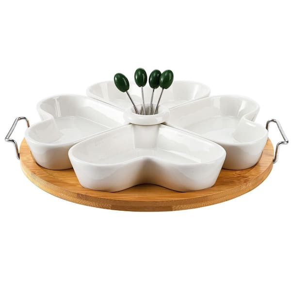 11 in. x 11 in. 4-Compartment White Ceramic Divided Serving Dishes with Holder and Food Picks (Set of 4)