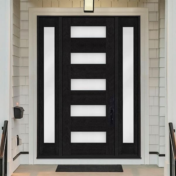 Regency 64 in. x 96 in. 5L Modern Frosted Glass LH Onyx Stain Mahogany Fiberglass Prehung Front Door w/Dbl 12in.SL