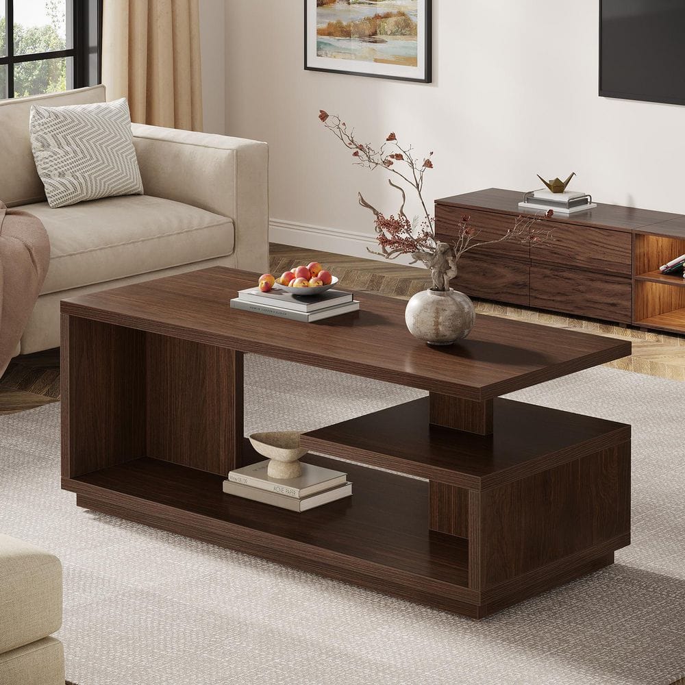 BYBLIGHT Kerlin 47.24 in. Walnut Rectangle Wood Coffee Table