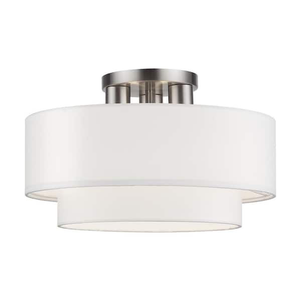 Livex Lighting Manorwood 3-Light Brushed Nickel Semi Flush Mount with Off-White Fabric Shade
