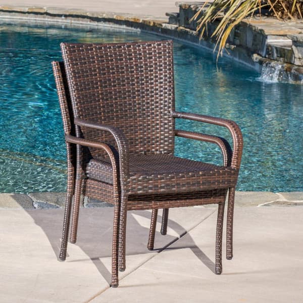 Multi Brown Stackable Faux Rattan Outdoor Patio Dining Chairs (Set of 2)