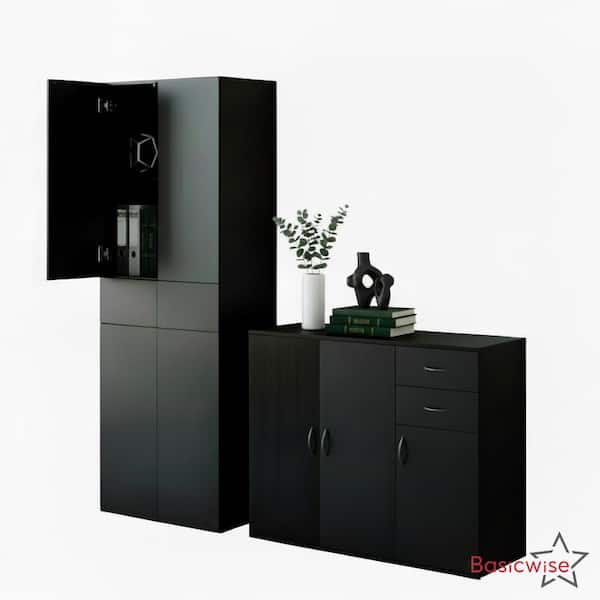 Basicwise Set of 1 Buffet Table with Drawers & Multi Door Storage Plus 1 Tall Cabinet with Compartments