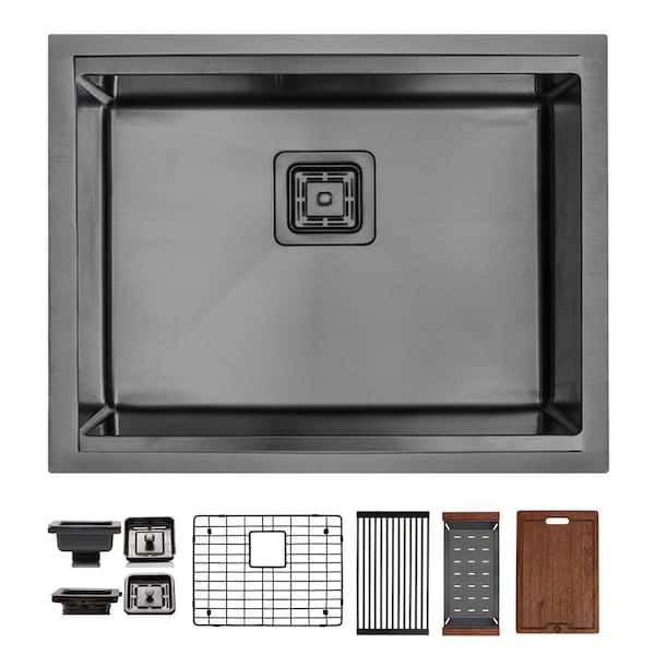 23 in. Undermount Single Bowl 16 Gauge Black Stainless Steel Kitchen Sink with Accessories Included