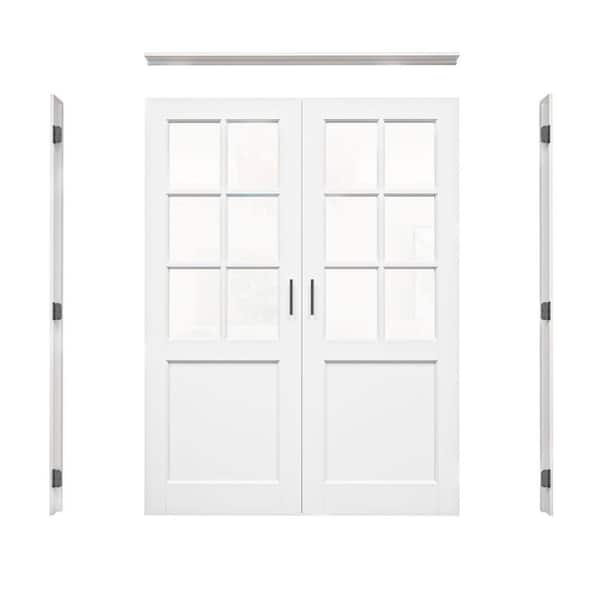 60 in. x 80 in. 6-Lite Clear Glass Universal White Solid Core Glass Double Prehung French Door+ Quick Jamb&Ball Catch