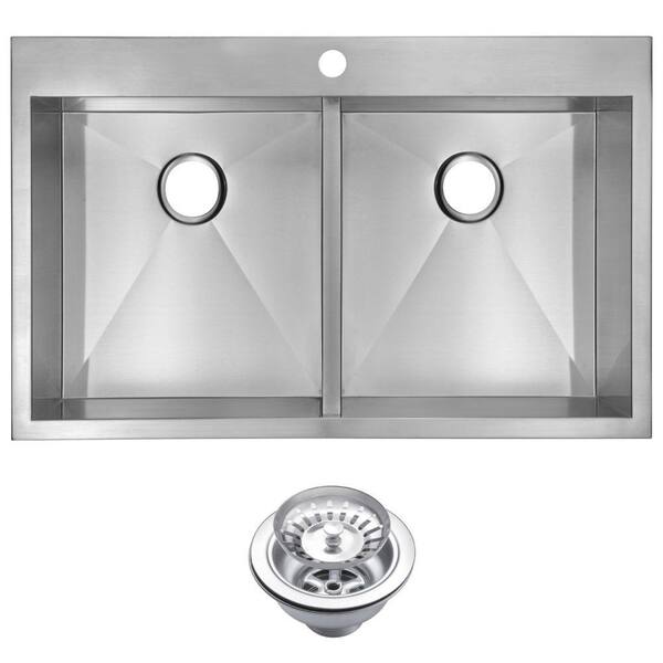 Water Creation Drop-In Zero Radius Stainless Steel 33 in. 1-Hole Double Bowl Kitchen Sink with Strainer in Satin