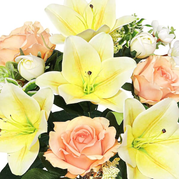 20 in. Yellow Peach Artificial Mixed Rose Lily Blossom Flower Stem Bush Bouquet (Set of 2)
