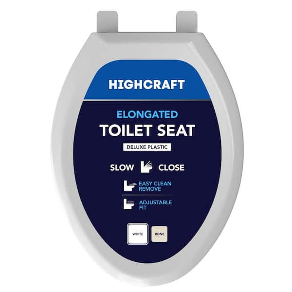 Elongated Slow-Close Toilet Seat with Adjustable Hinges and Easy Removal in White Molded Plastic, Standard Size Fit