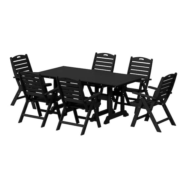 Laguna Outdoor All Weather HDPE Plastic 7-Piece Highback Folding Chairs, Rectangle Table Patio Dining Set, Black