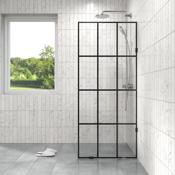 34 in. W x 78 in. H Frameless Fixed Single Panel Shower Screen Door in Black Grid Pattern with 3/8 in.(10mm) Clear Glass