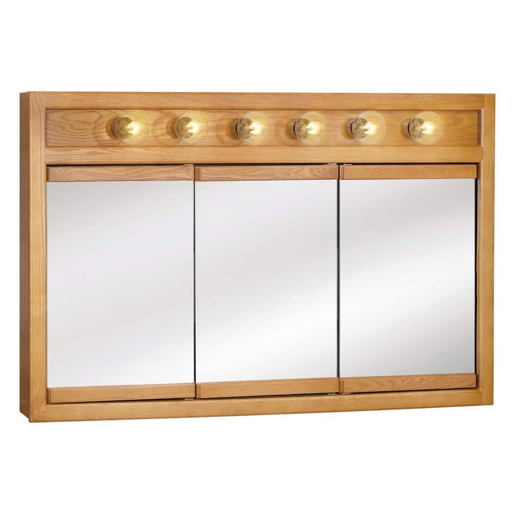 Design House Richland 48 In X 30 In X 5 In Surface Mount 6 Light Tri View Bathroom Medicine Cabinet In Nutmeg Oak 530626 Nok The Home Depot