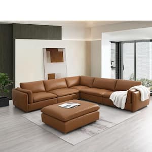 Brighton 45 in. Square Arm Leather Modular Nailhead Trim Sofa in Brown