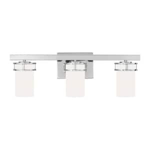Robie 24 in. 3-Light Chrome Transitional Rustic Wall Bathroom Vanity Light with Etched White Glass Shades and LED Bulbs