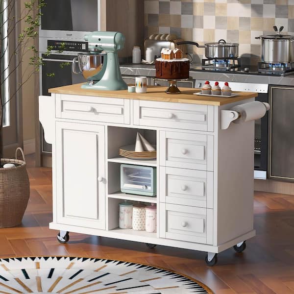 ANTFURN White Kitchen Cart with Drawers and Locking Casters and Spice Rack and Wheels and Shelf