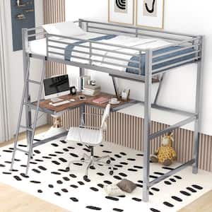 Silver Twin size Metal Loft Bed with Desk and Shelf