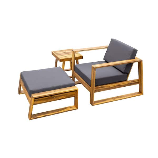 Natural Acacia Wood Outdoor Lounge Chair Set-Chair & Ottoman & Side Table with Gray Cushion
