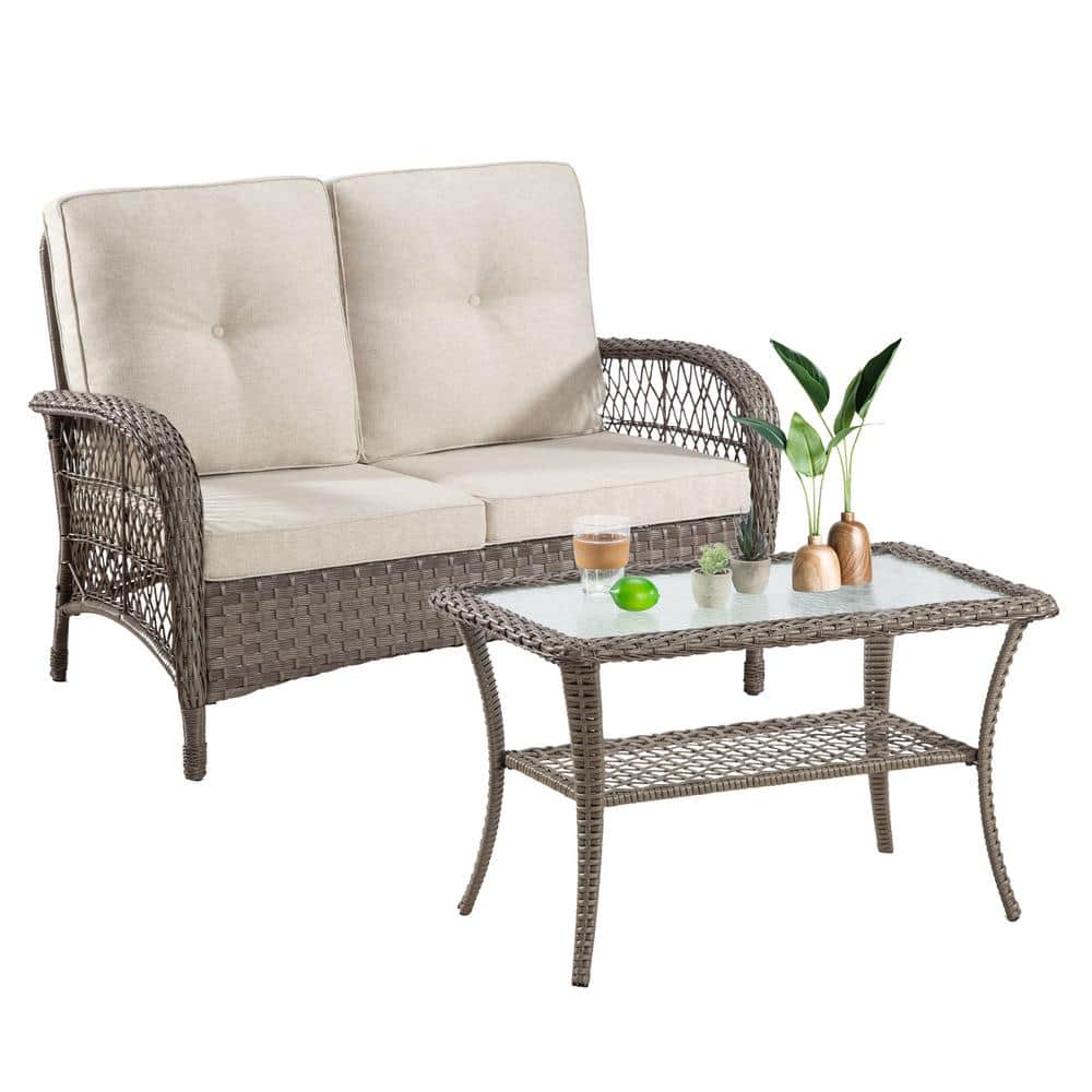 MEOOEM 2Piece Wicker Patio Conversation Set, Outdoor Loveseat Bench