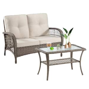 2-Piece Wicker Patio Conversation Set, Outdoor Loveseat Bench and Table, Metal Frame with Beige Cushion for 2-Person