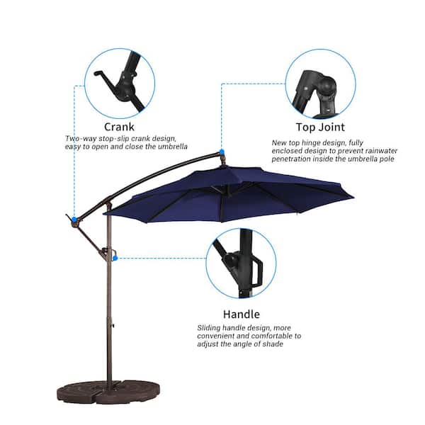 10 ft. Steel Pole Patio Cantilever Umbrella 2-Way Stop Slip Crank Design Outdoor Market Umbrella in Navy Blue