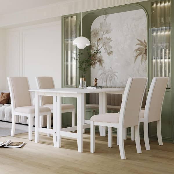 Harper & Bright Designs Farmhouse 5-Piece Extendable Drop Leaf White Wood Table Set Seats 4