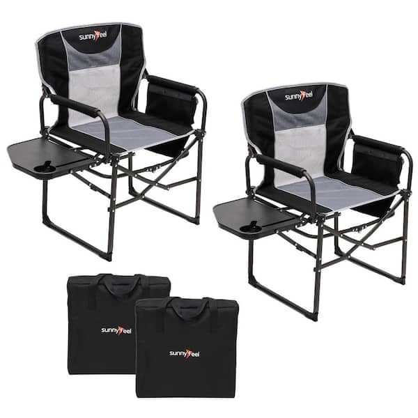 Heavy-Duty Oversized Folding Camping Chair with Side Table and Pocket for Outdoor Fishing Picnic, Black Gray (2-Pack)