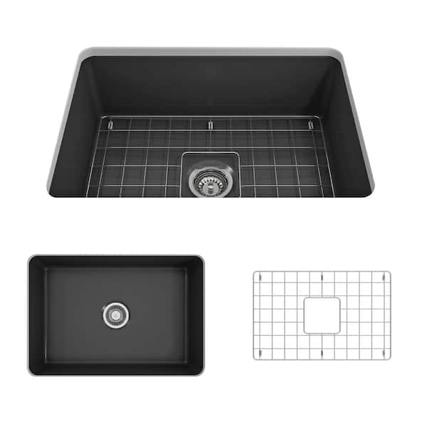 BOCCHI Sotto Undermount Fireclay 27 in. Single Bowl Kitchen Sink with Bottom Grid and Strainer in Matte Dark Gray