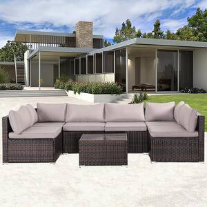 Brown Wicker Outdoor Sectional Sofa with Gray Cushion and Coffee Table for Patio, Poolside