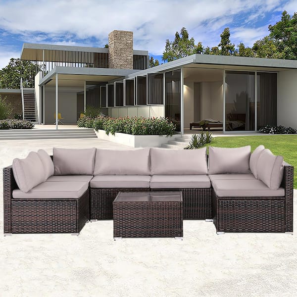 Unbranded Brown Wicker Outdoor Sectional Sofa with Gray Cushion and Coffee Table for Patio, Poolside