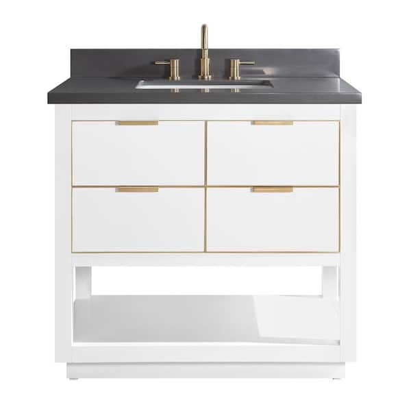 Avanity Allie 37 in. Single Sink White with Gold Trim Bath Vanity with Gray Quartz Top