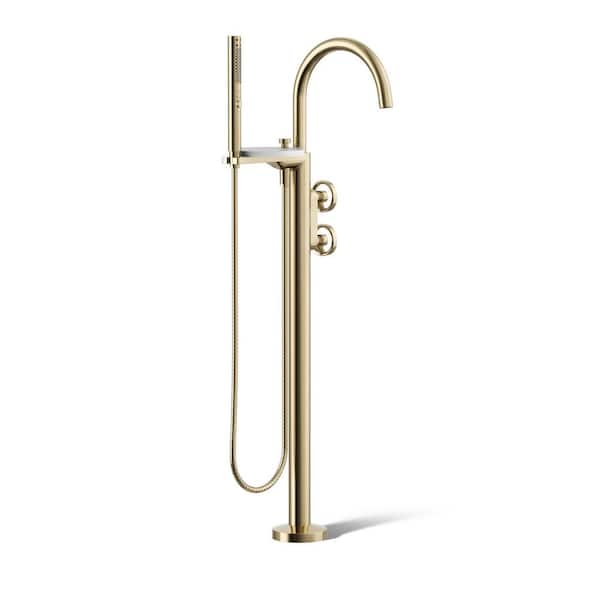 KOHLER Components Single Handle Freestanding Tub Faucet with Industrial Handles and Handheld Shower Head in Vibrant French Gold
