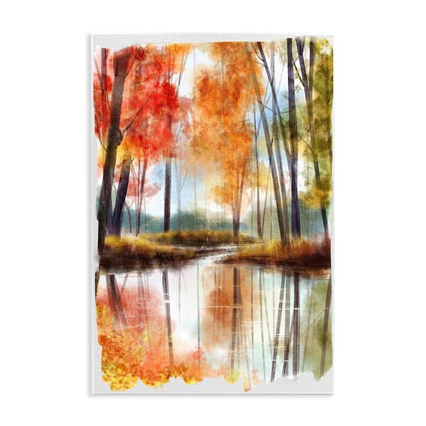 Autumn Lake Reflection Open Meadow Fall Foliage Trees by Ziwei Li Unframed Graphic Nature Art Print 10 in. x 15 in.