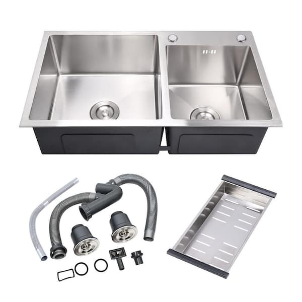 30.7 in. Drop In or Topmount Double Bowl Stainless Steel Modern Kitchen Sink with Drainage Pipes and Fruit Baskets
