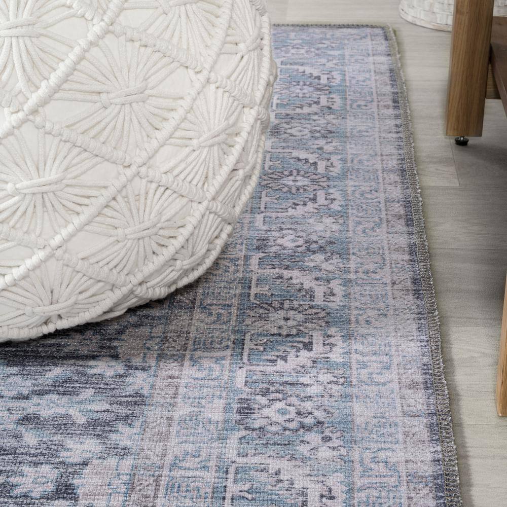 Gray and Blue Chenille Medallion Washable Area Rug