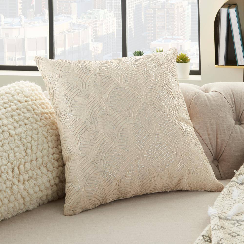 Ivory and Silver Embroidered Cotton Square Throw Pillow