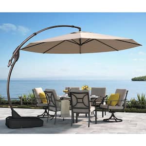 11 ft. Aluminum Cantilever Tilt Patio Umbrella in Beige With Base UV-Protection for Outdoor Table Deck Pool