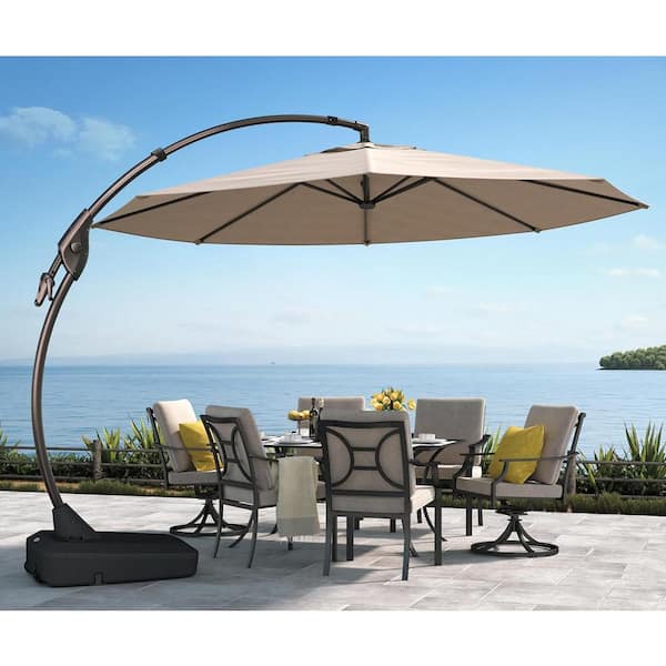 Yangming 11 ft. Aluminum Cantilever Tilt Patio Umbrella in Beige With Base UV-Protection for Outdoor Table Deck Pool