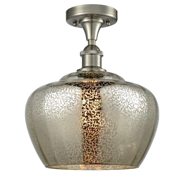 Fenton 11 in. 1-Light Satin Nickel Industrial Flush Mount with Smoked Glass Shade