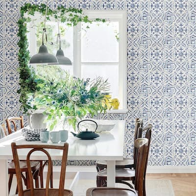 Sonoma Blue Spanish Tile Paper Pre-Pasted Wallpaper Roll (Covers 56.4 Sq. Ft.)